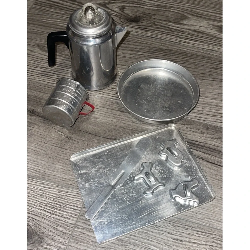 Vintage Aluminum Toy LOT - measuring cup, cookie sheet, cookie cutters, & coffee